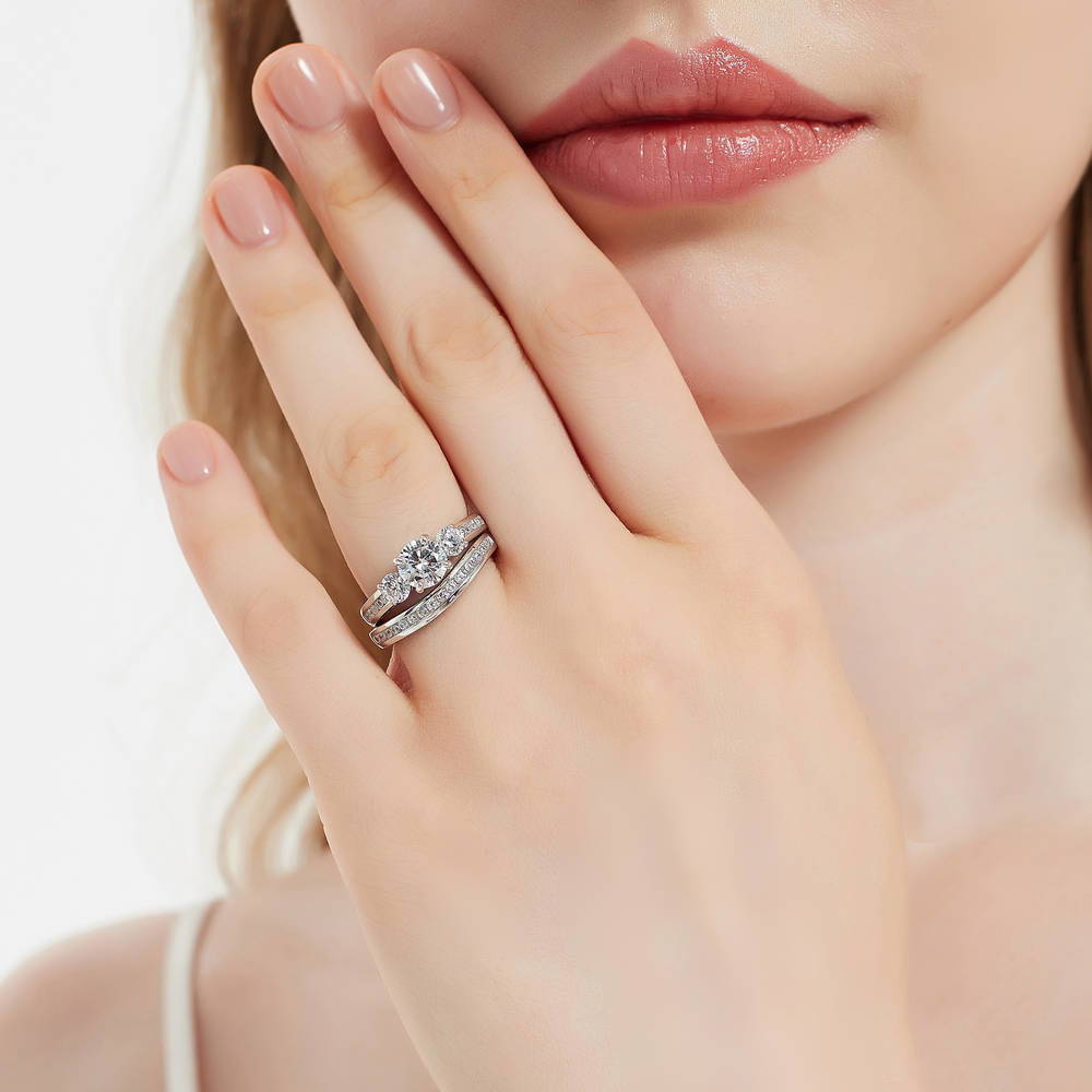 Model wearing 3-Stone 1ct CZ Ring Set in Sterling Silver, 6 of 19