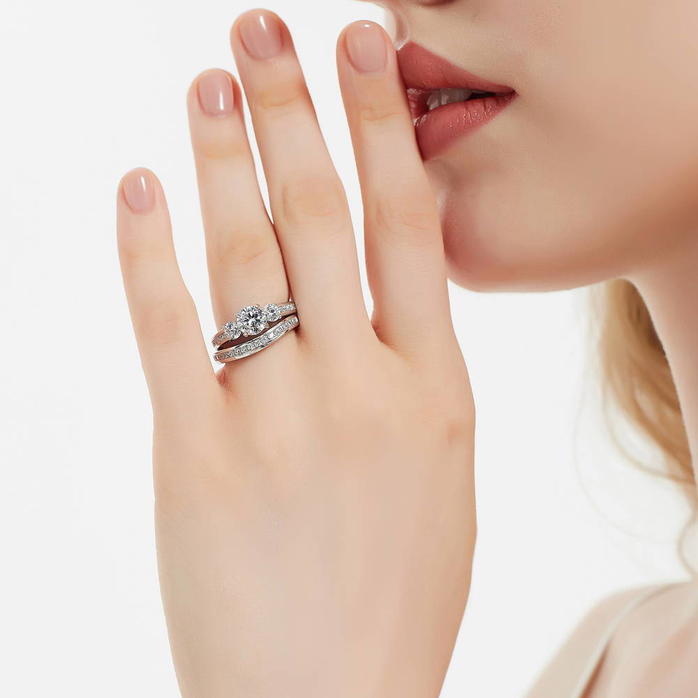 Model wearing 3-Stone 1ct CZ Ring Set in Sterling Silver, 2 of 19
