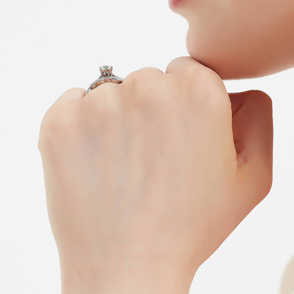 Model wearing Solitaire Milgrain Art Deco 0.45ct CZ Ring Set in Sterling Silver, 9 of 20