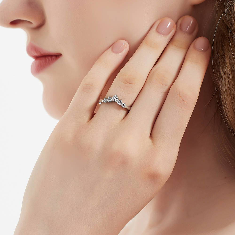 Model wearing 5-Stone Solitaire CZ Ring Set in Sterling Silver, 18 of 20