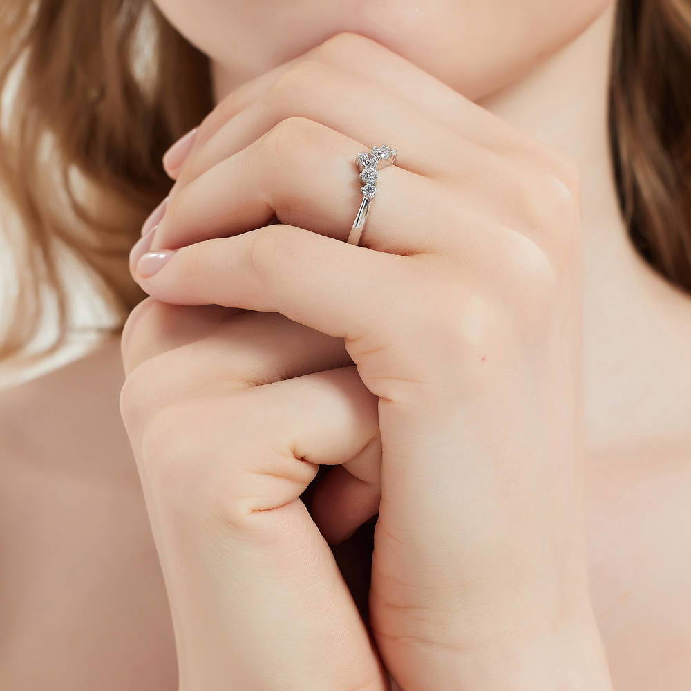 Model wearing 5-Stone Solitaire CZ Ring Set in Sterling Silver, 15 of 17