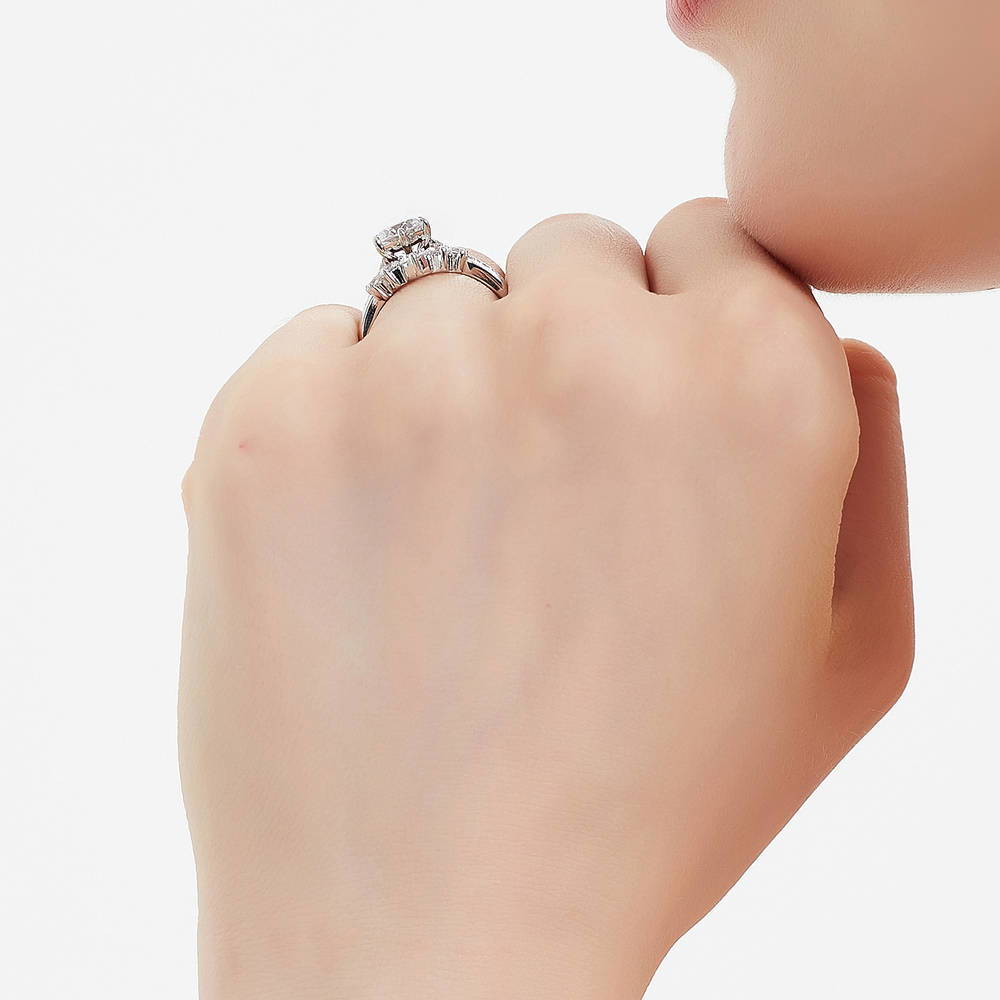 Model wearing 5-Stone Solitaire CZ Ring Set in Sterling Silver, 7 of 20