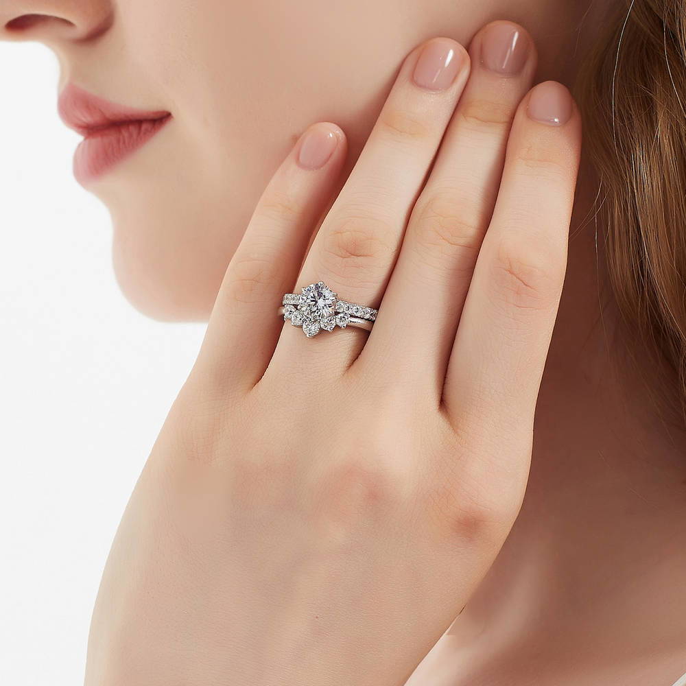 Model wearing 5-Stone Solitaire CZ Ring Set in Sterling Silver, 3 of 20