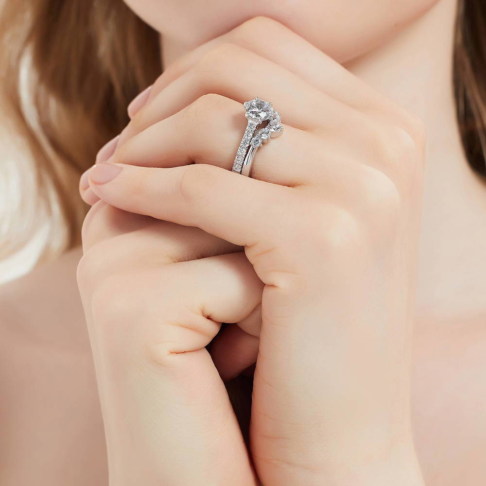 Model wearing 5-Stone Solitaire CZ Ring Set in Sterling Silver, 6 of 20