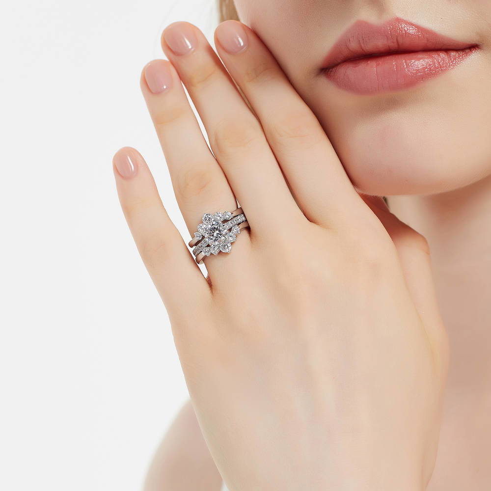 Model wearing 5-Stone Solitaire CZ Ring Set in Sterling Silver, 3 of 20