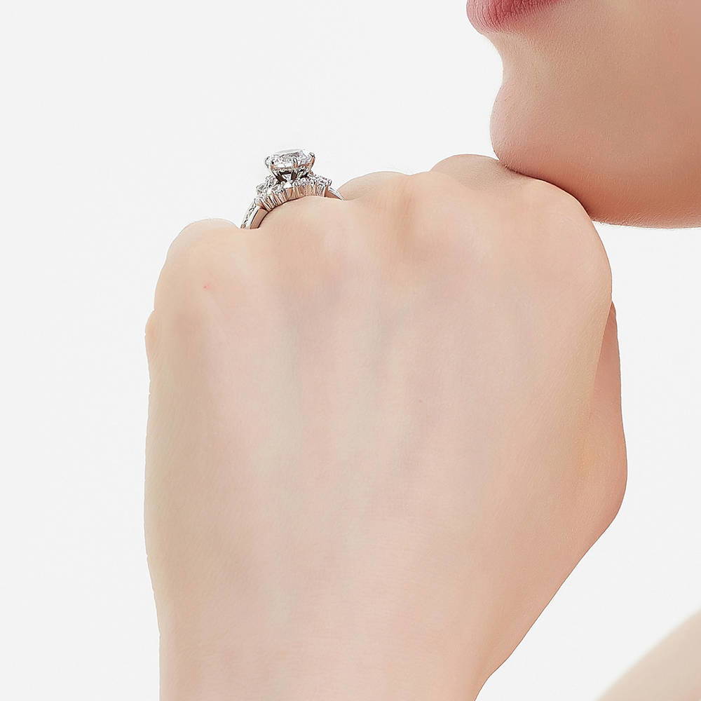 Model wearing 5-Stone Solitaire CZ Ring Set in Sterling Silver, 8 of 17