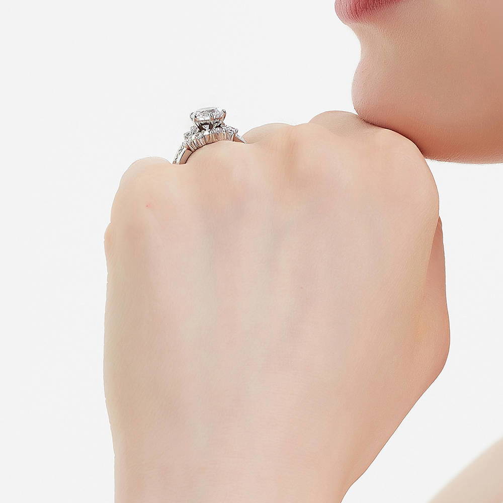 Model wearing Solitaire 5-Stone Wishbone 2ct CZ Ring Set in Sterling Silver, 9 of 18