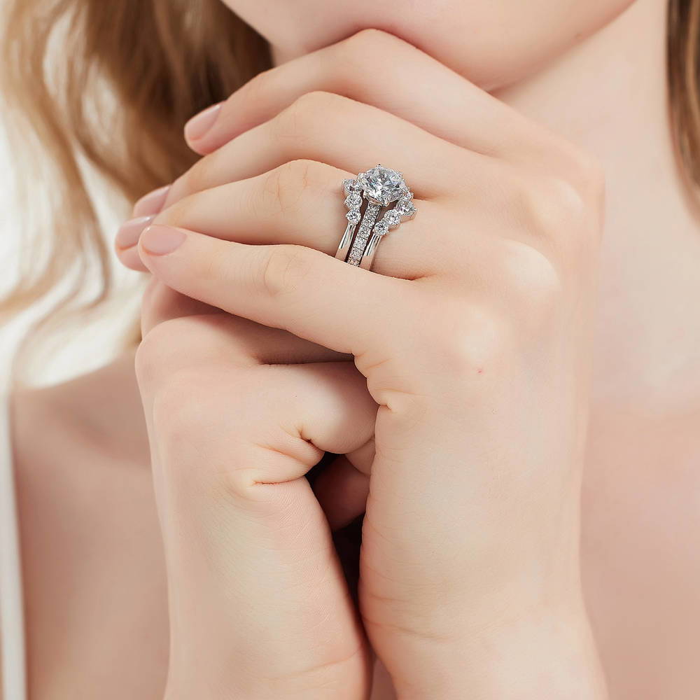 Model wearing 5-Stone Solitaire CZ Ring Set in Sterling Silver, 6 of 17