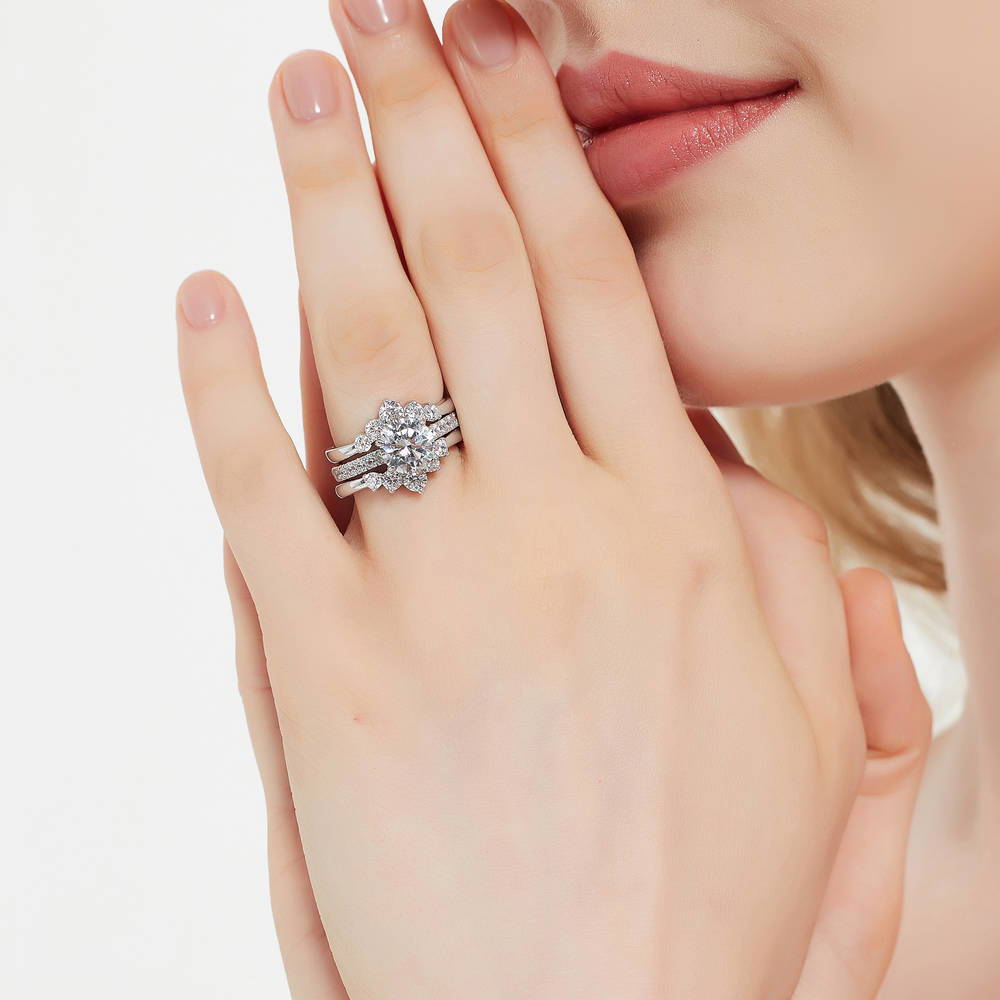 Model wearing 5-Stone Solitaire CZ Ring Set in Sterling Silver, 5 of 17