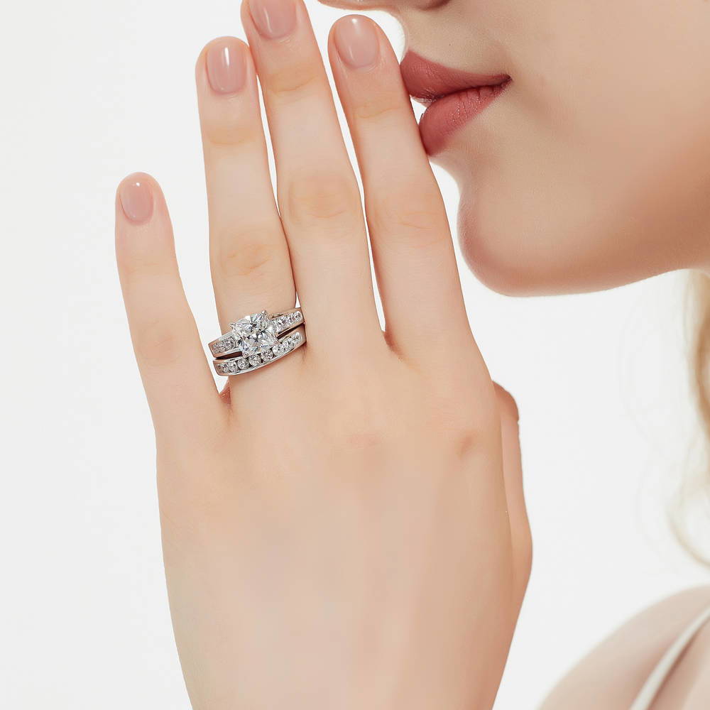 Model wearing Solitaire 3ct Cushion CZ Ring Set in Sterling Silver, 2 of 17