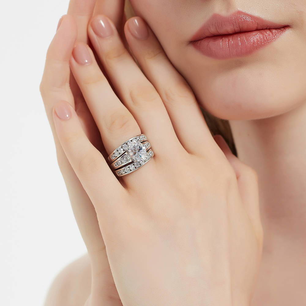 Model wearing Solitaire 2.5ct Oval CZ Ring Set in Sterling Silver, 3 of 17