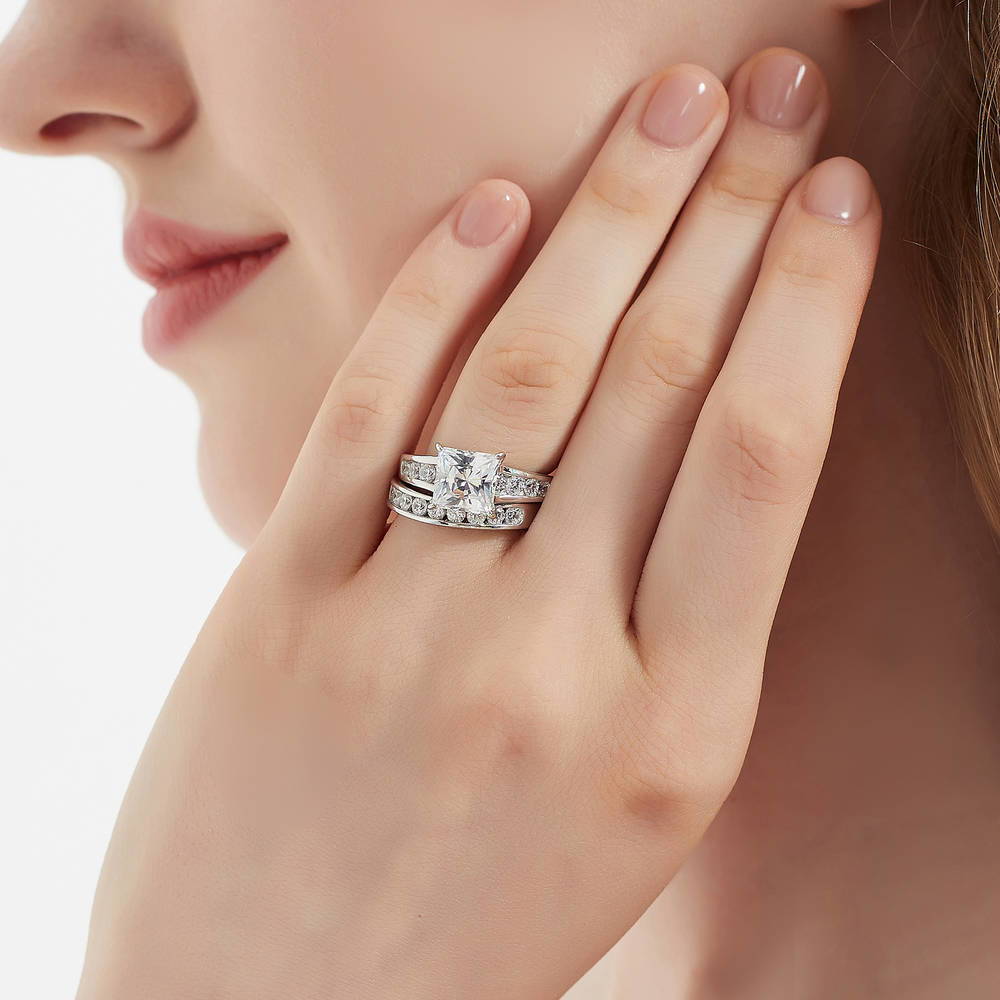 Model wearing Channel CZ Eternity Ring in Sterling Silver, 15 of 20