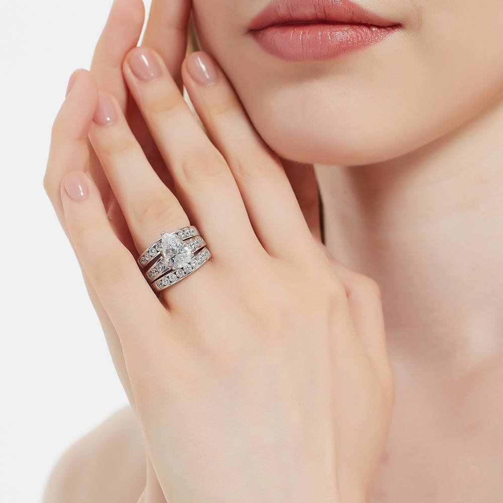 Model wearing Solitaire 3ct Pear CZ Ring Set in Sterling Silver, 4 of 18