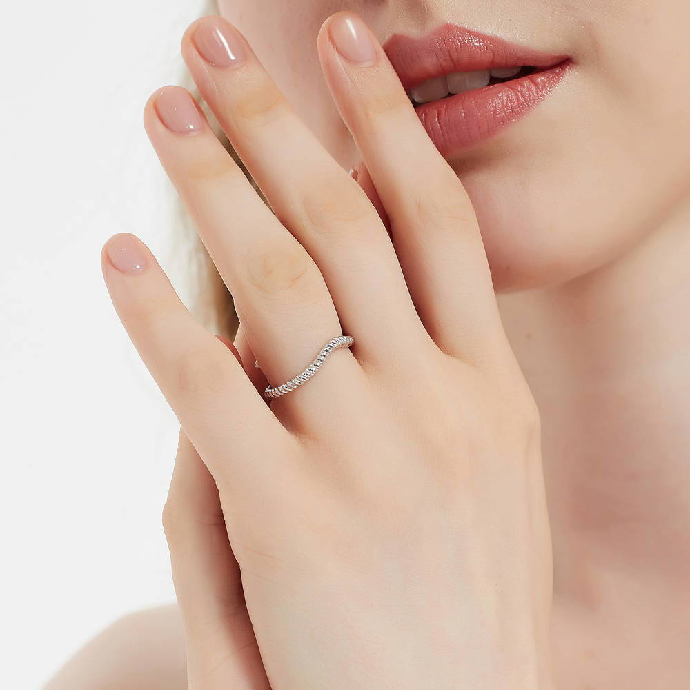 Model wearing 3-Stone Woven Pear CZ Ring Set in Sterling Silver, 10 of 13