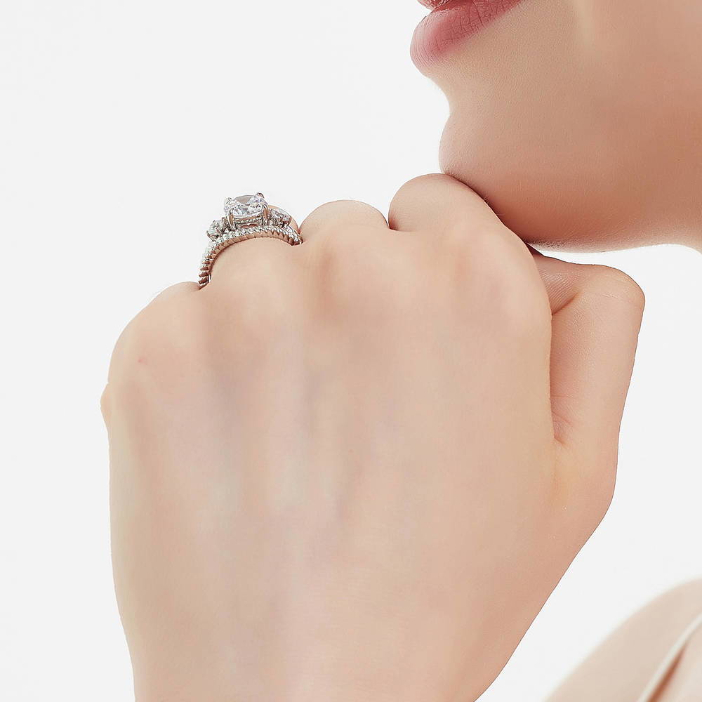 Model wearing 3-Stone Woven Round CZ Ring Set in Sterling Silver, 7 of 17