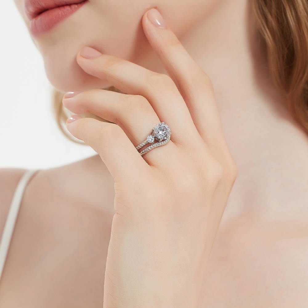Model wearing 3-Stone Woven Round CZ Ring Set in Sterling Silver, 3 of 17