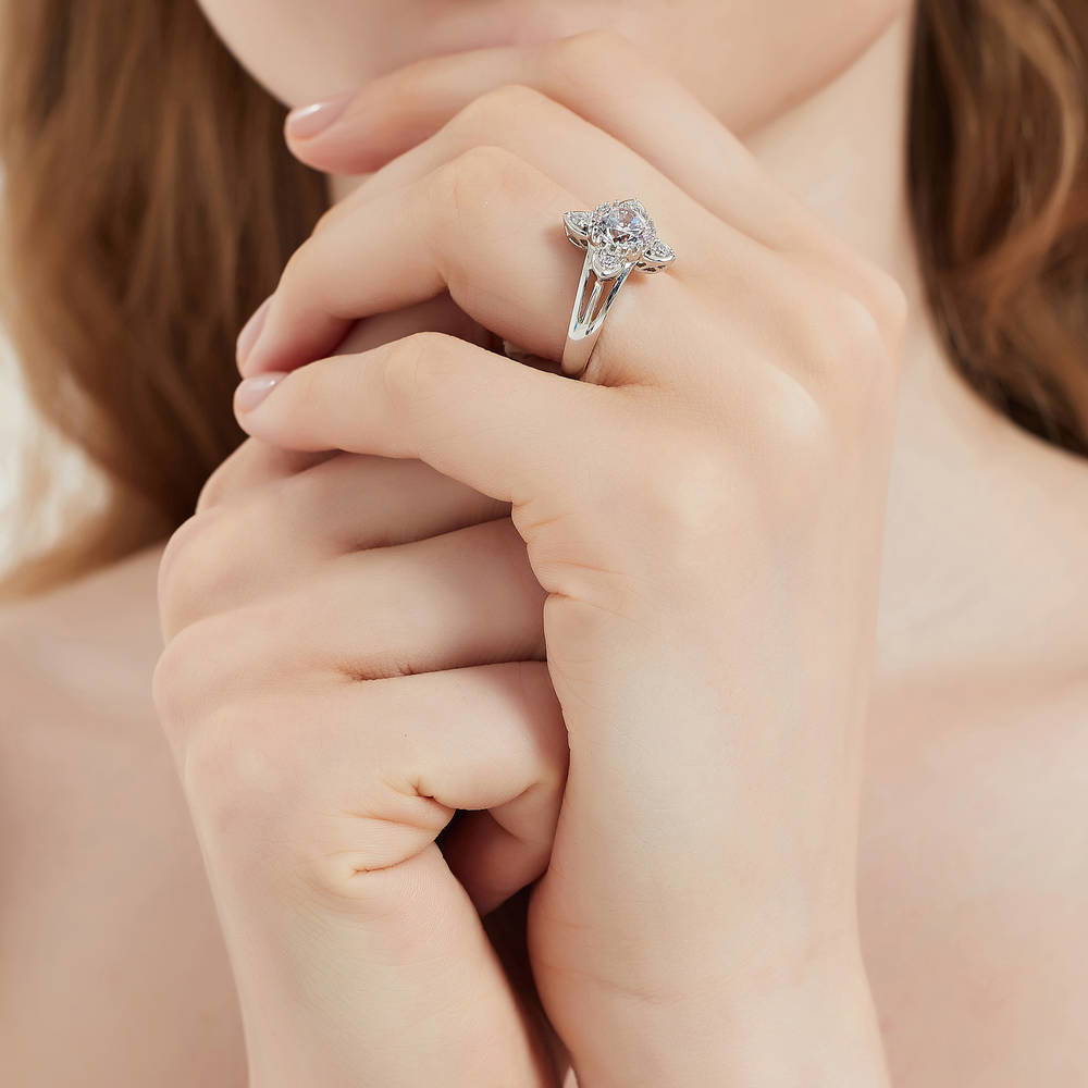 Model wearing Flower CZ Ring in Sterling Silver, 6 of 9