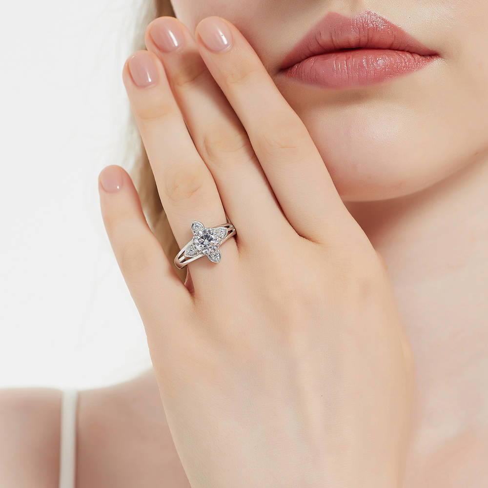 Model wearing Flower CZ Ring in Sterling Silver, 2 of 9