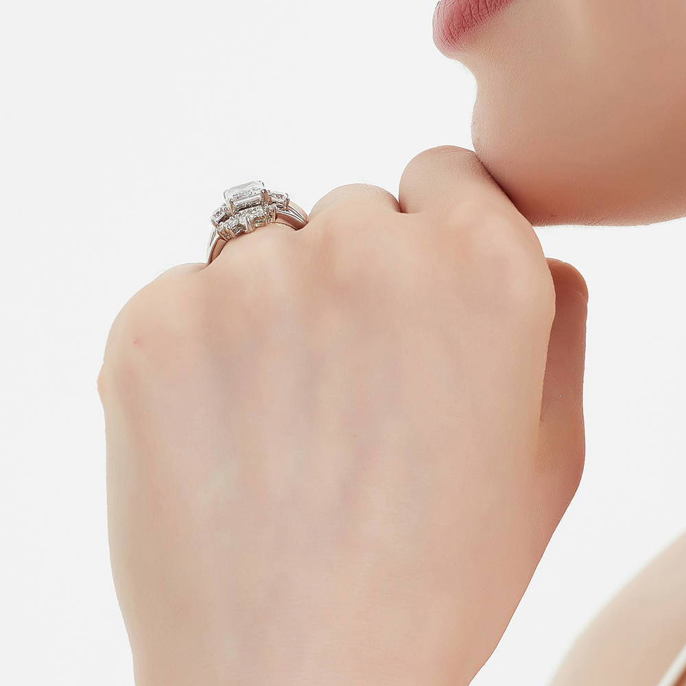 Model wearing 3-Stone Flower 7-Stone Wishbone CZ Ring Set in Sterling Silver, 10 of 20
