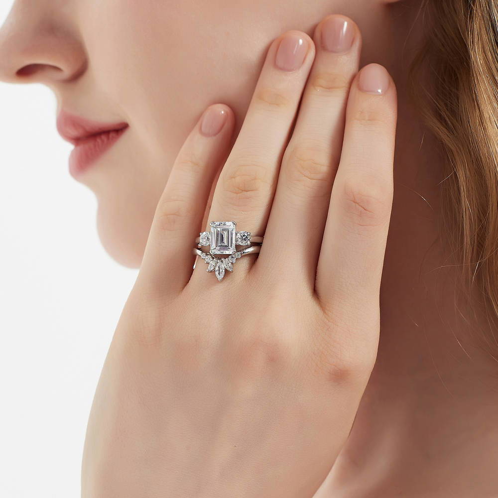 Model wearing 3-Stone 7-Stone Emerald Cut CZ Ring Set in Sterling Silver, 5 of 18