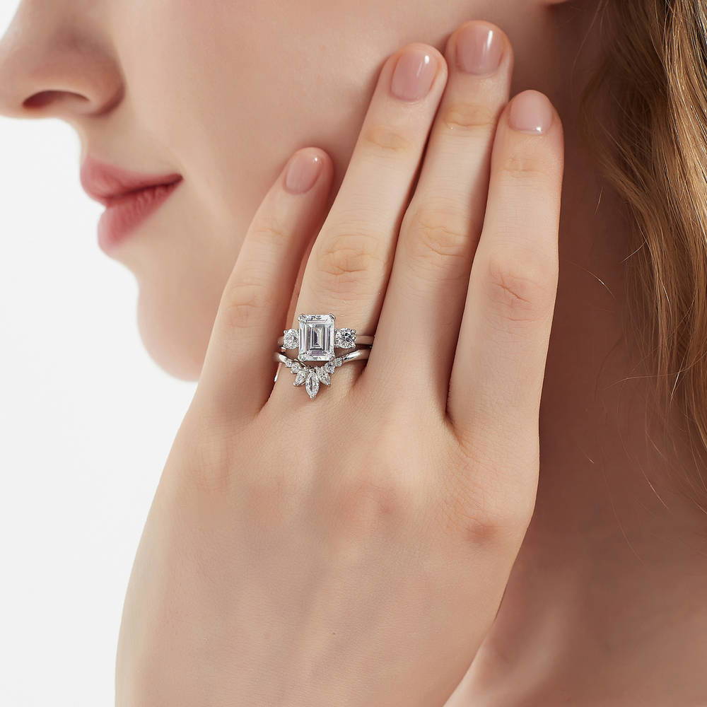 Model wearing 3-Stone Flower 7-Stone Wishbone CZ Ring Set in Sterling Silver, 6 of 20