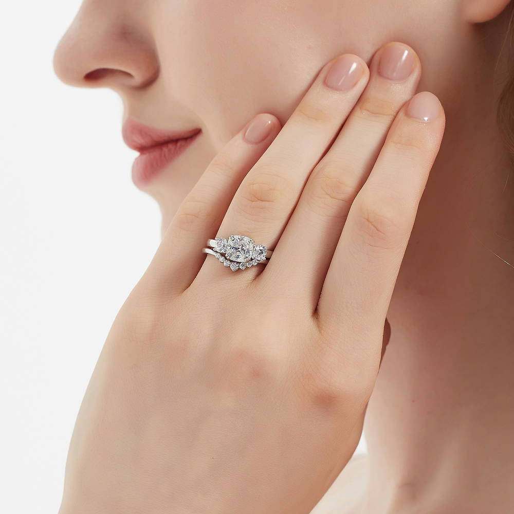 Model wearing 3-Stone 7-Stone Cushion CZ Ring Set in Sterling Silver, 5 of 18