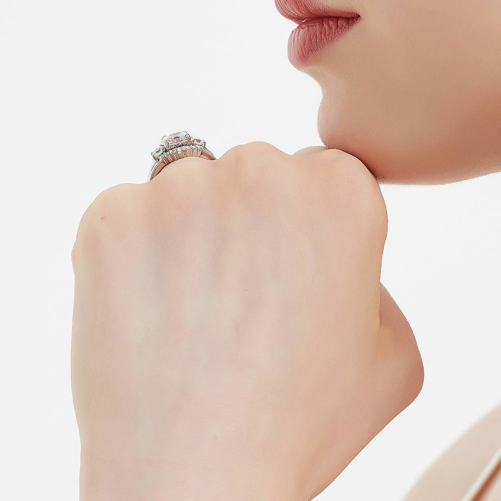 Model wearing 3-Stone Wishbone 7-Stone Cushion CZ Ring Set in Sterling Silver, 10 of 20