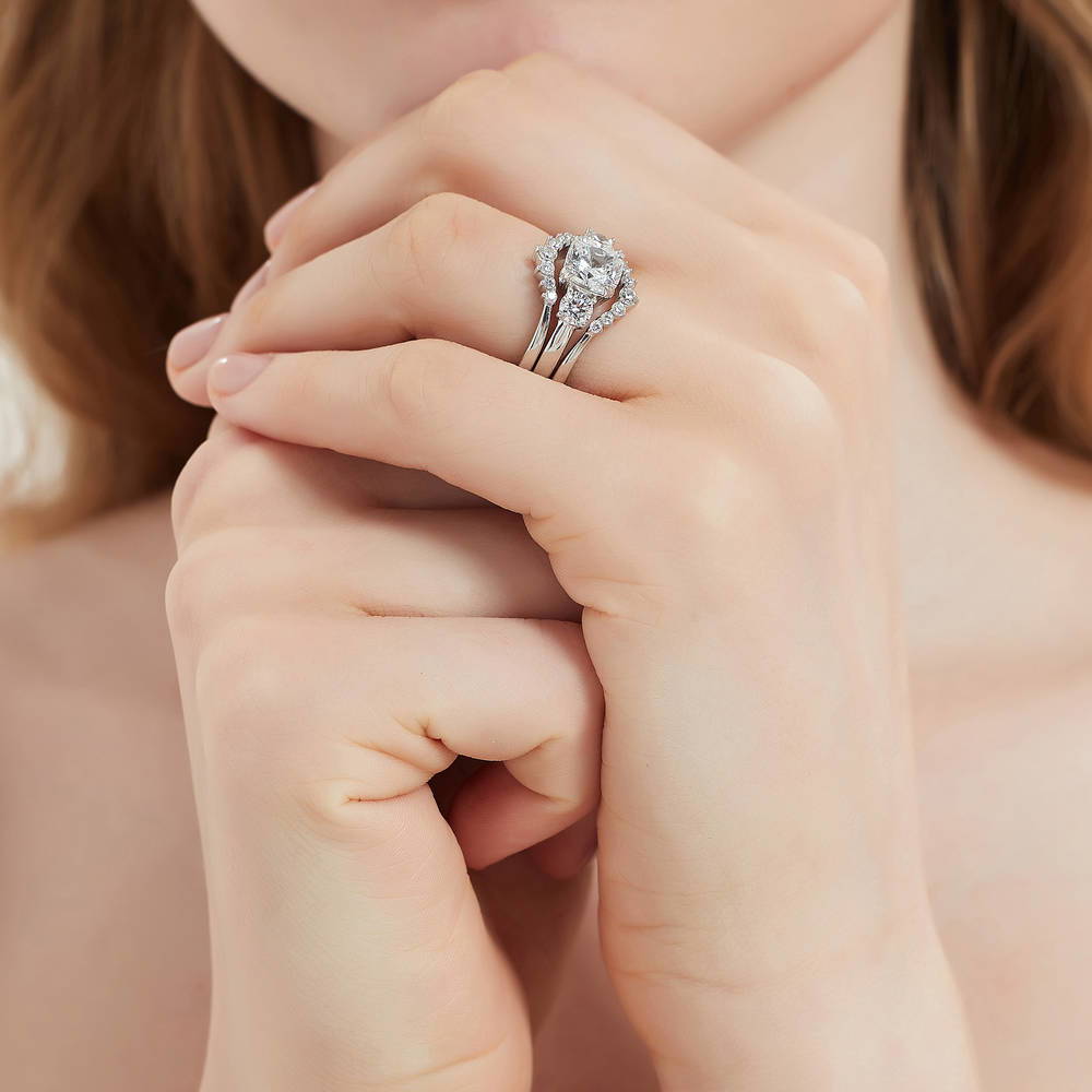 Model wearing 3-Stone Wishbone 7-Stone Cushion CZ Ring Set in Sterling Silver, 9 of 20