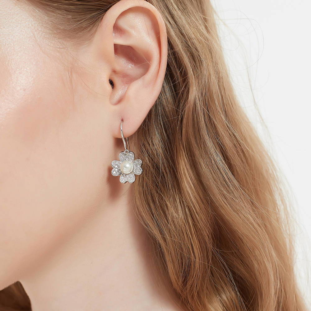 Clover Imitation Pearl Fish Hook Earrings in Sterling Silver