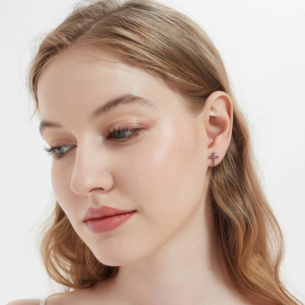 Model wearing Cross CZ Stud Earrings in Sterling Silver, 6 of 10