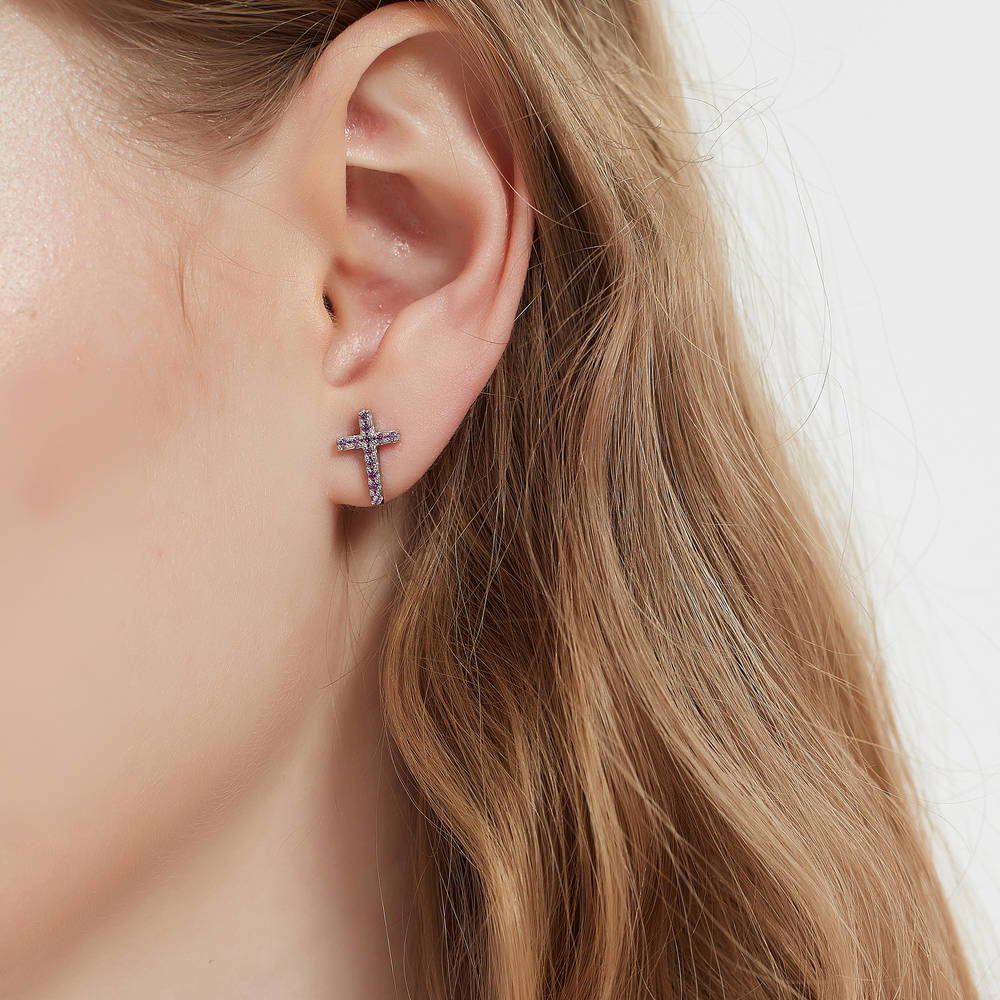 Model wearing Cross CZ Stud Earrings in Sterling Silver, 4 of 10