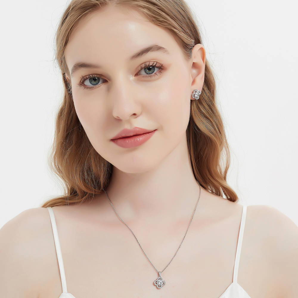 Model wearing Flower CZ Necklace and Earrings Set in Sterling Silver, 2 of 10