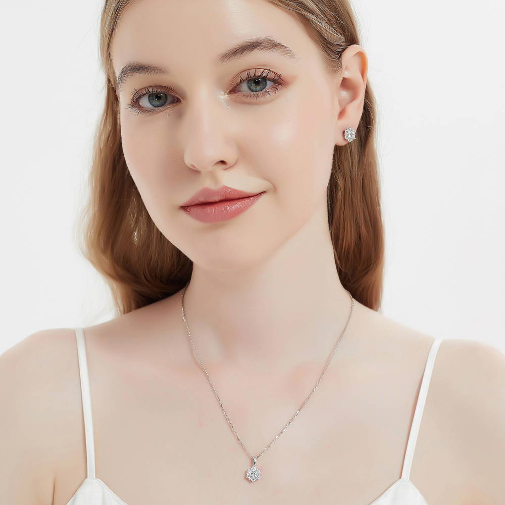 Model wearing Flower Halo CZ Necklace and Earrings Set in Sterling Silver, 5 of 15