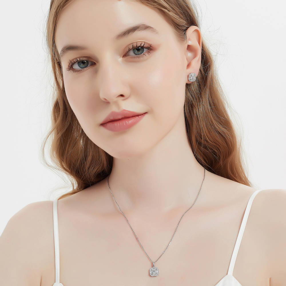 Model wearing Halo Art Deco CZ Stud Earrings in Sterling Silver, 4 of 6