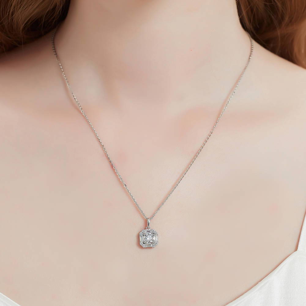 Model wearing Halo Art Deco CZ Necklace and Earrings in Sterling Silver, 7 of 13