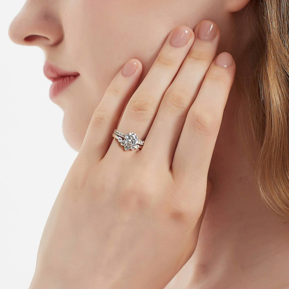 Model wearing Solitaire 5-Stone Wishbone 2ct CZ Ring Set in Sterling Silver, 2 of 19