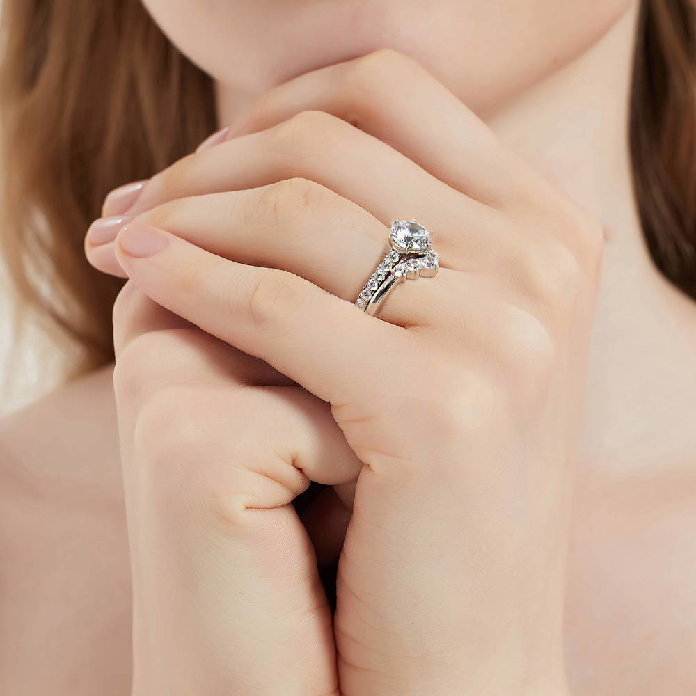 Model wearing 5-Stone Solitaire CZ Ring Set in Sterling Silver, 6 of 17