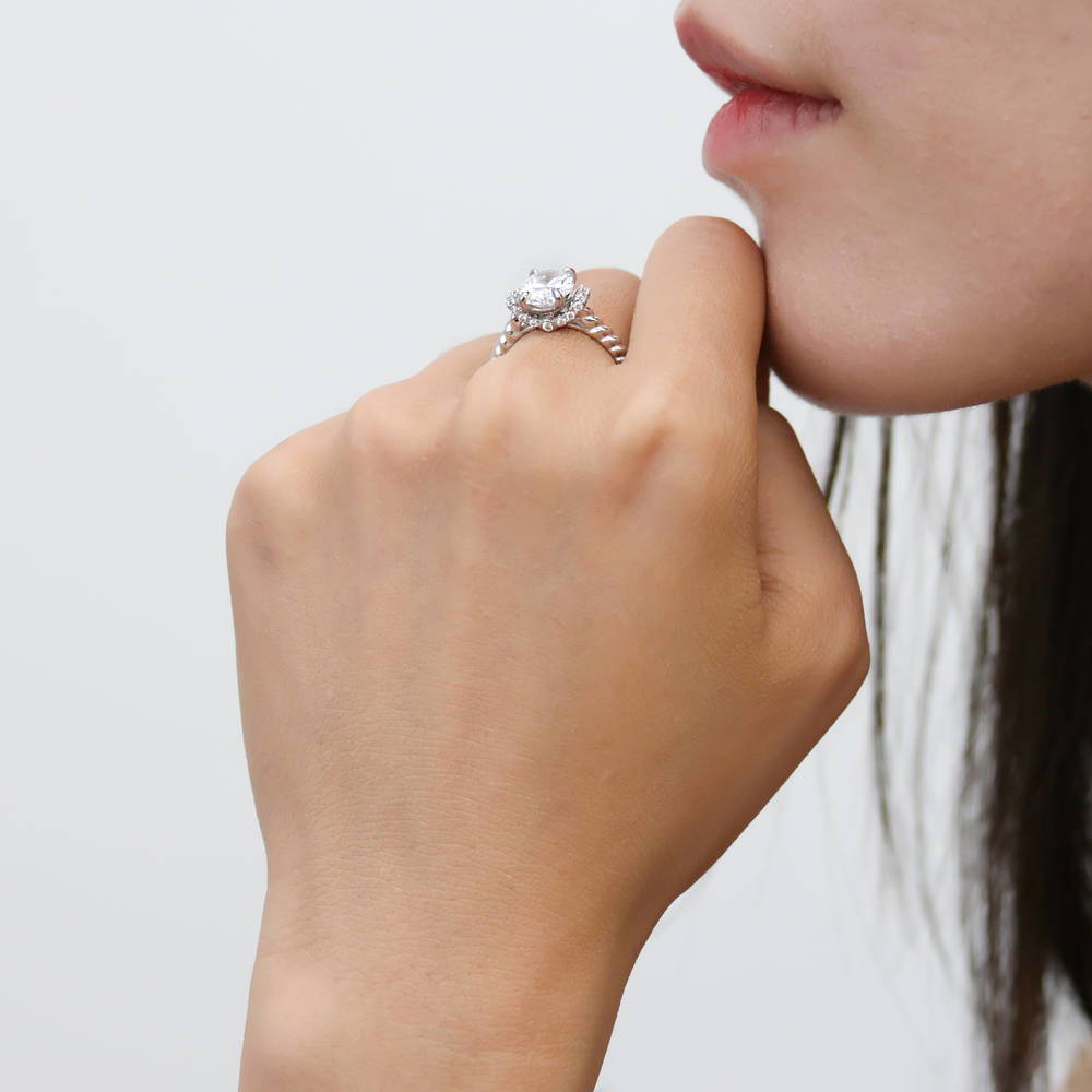 Model wearing Woven Solitaire CZ Ring in Sterling Silver, 3 of 9