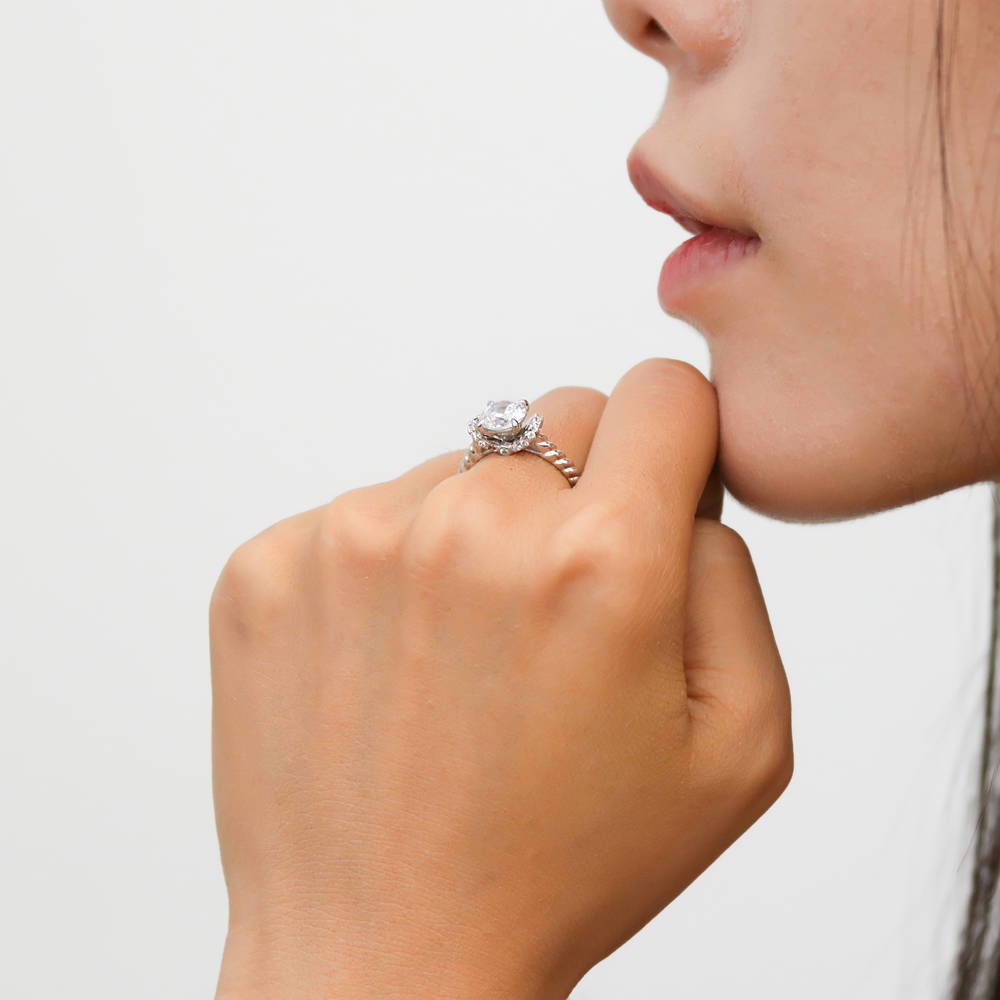 Model wearing Woven Solitaire CZ Ring in Sterling Silver, 3 of 9