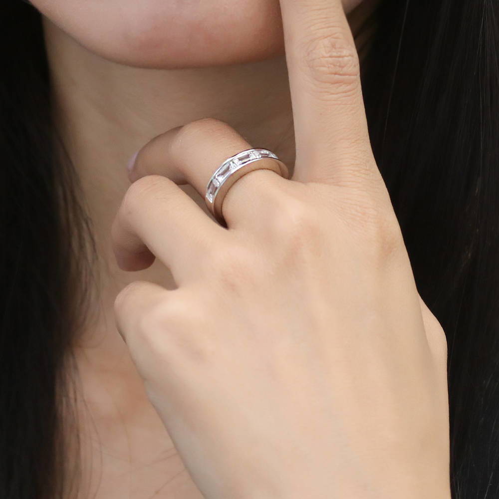 5-Stone Channel Emerald Cut CZ Eternity Ring in Sterling Silver