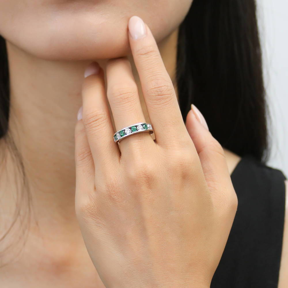 Model wearing Green Channel Set CZ Stackable Half Eternity Ring in Sterling Silver, 2 of 9