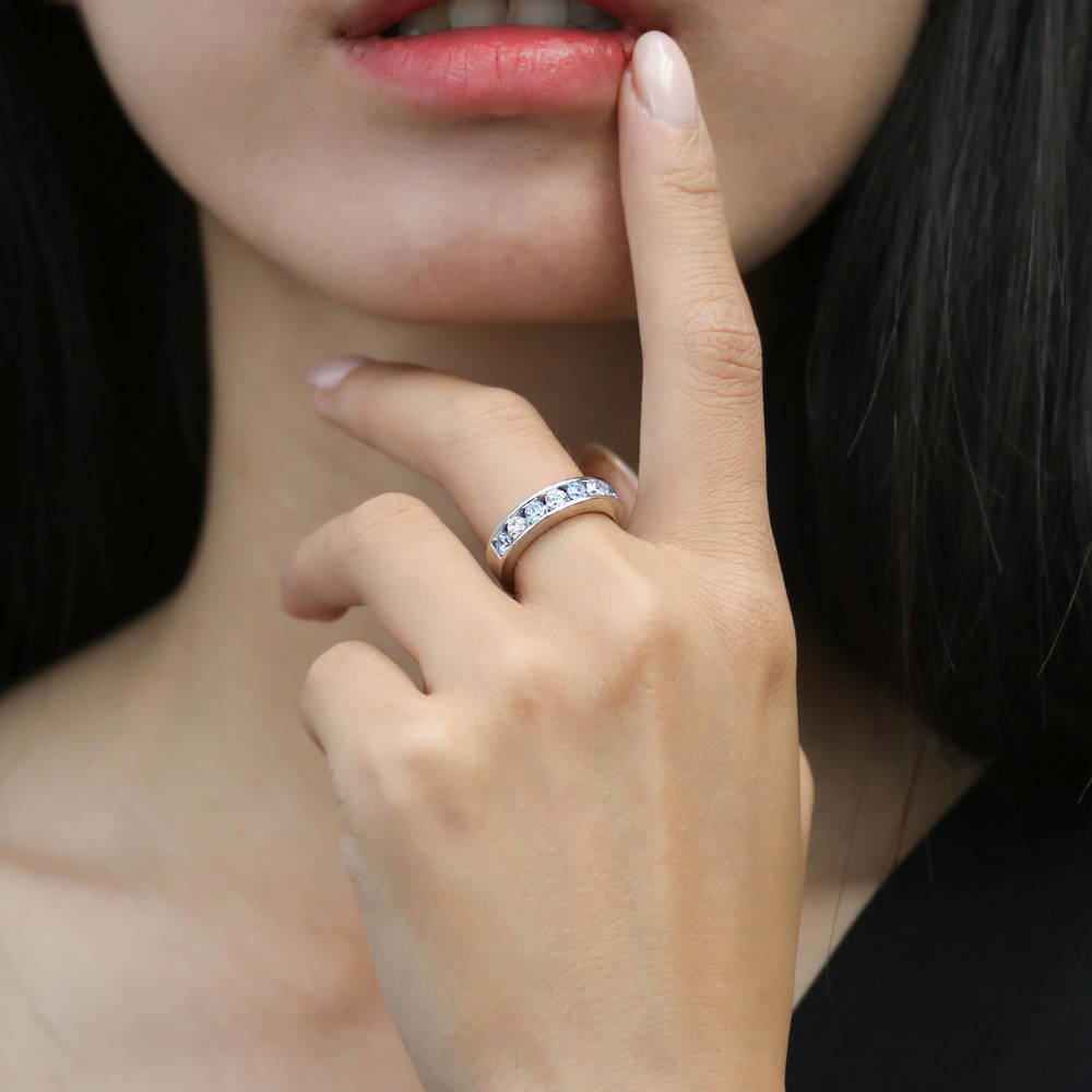 Model wearing Greyish Blue CZ Stackable Eternity Ring in Sterling Silver, 2 of 9