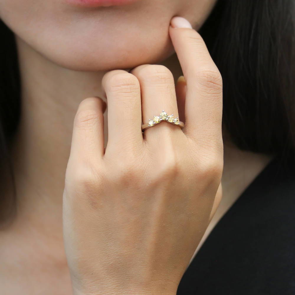 Model wearing 5-Stone Wishbone CZ Stackable Band in Sterling Silver, 2 of 9