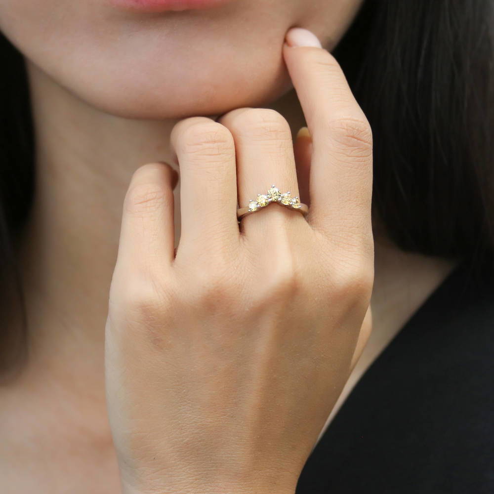 Model wearing 5-Stone Chevron CZ Ring Set in Sterling Silver, 17 of 20