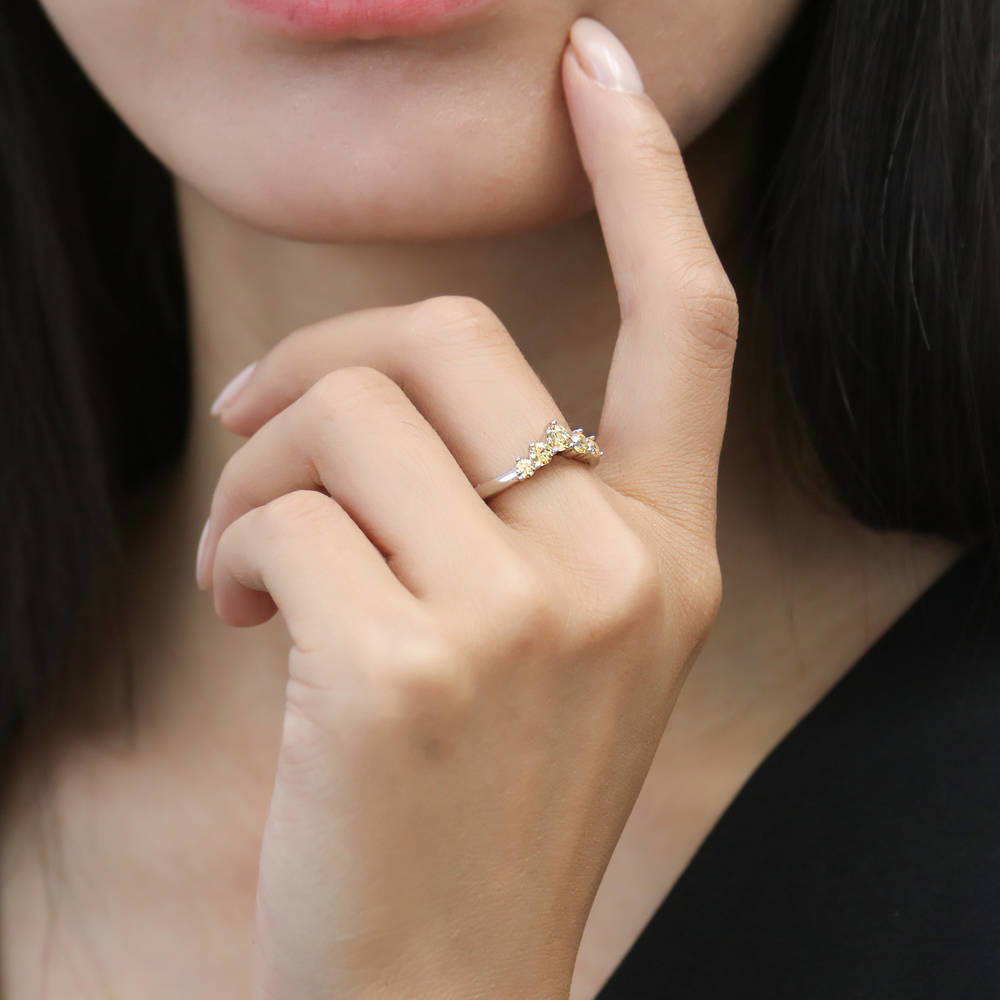 Model wearing 5-Stone Chevron CZ Ring Set in Sterling Silver, 17 of 19