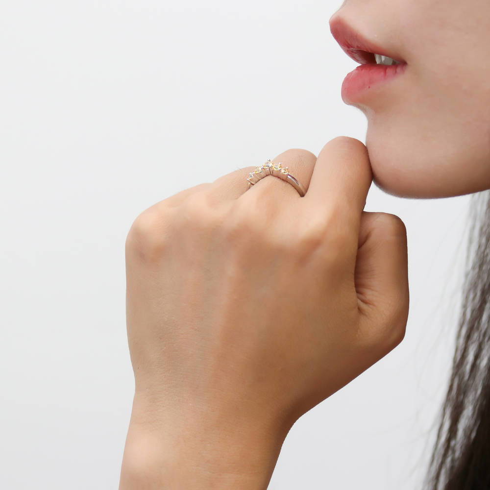 Model wearing 5-Stone Wishbone CZ Stackable Band in Sterling Silver, 3 of 9