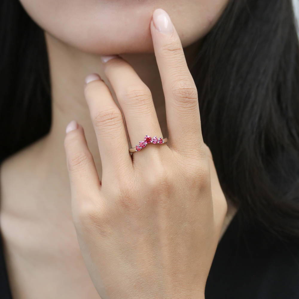 Model wearing 5-Stone Solitaire CZ Ring Set in Sterling Silver, 17 of 20