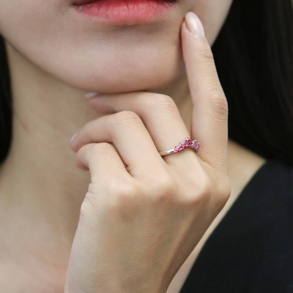 Model wearing 5-Stone Solitaire CZ Ring Set in Sterling Silver, 19 of 20