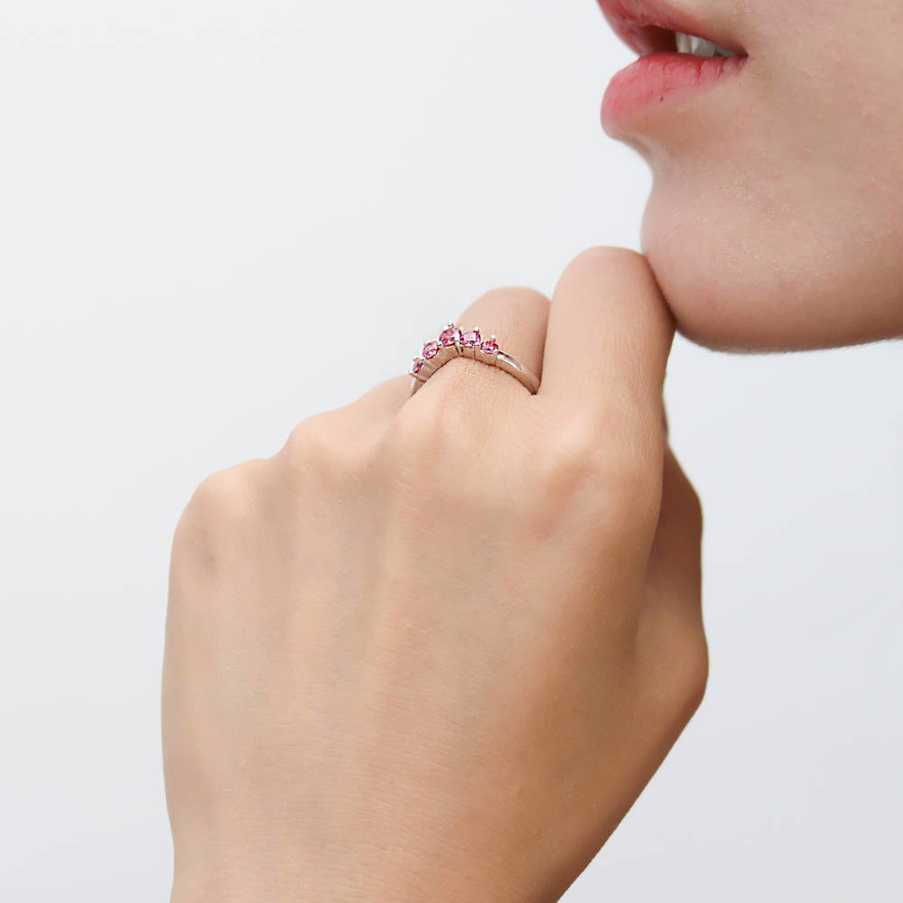 Model wearing 5-Stone Wishbone CZ Stackable Curved Band in Sterling Silver, 3 of 9