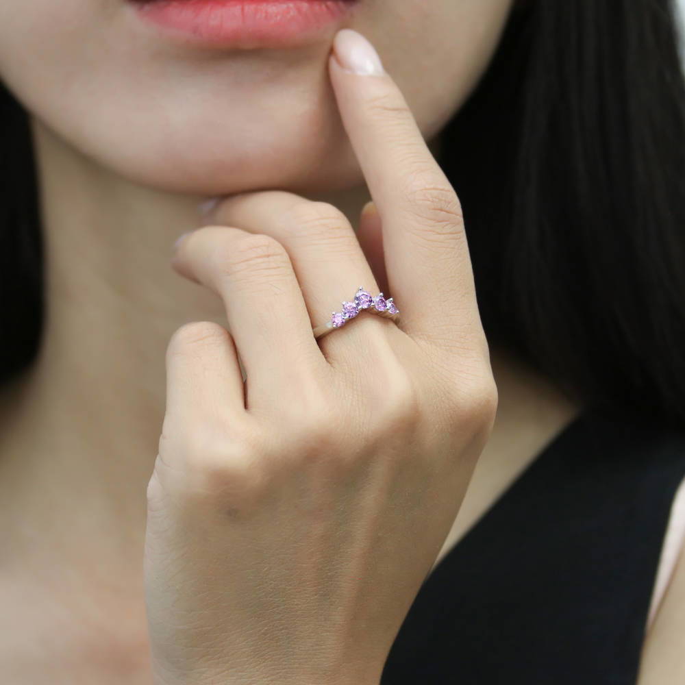 Model wearing 5-Stone Solitaire CZ Ring Set in Sterling Silver, 19 of 20